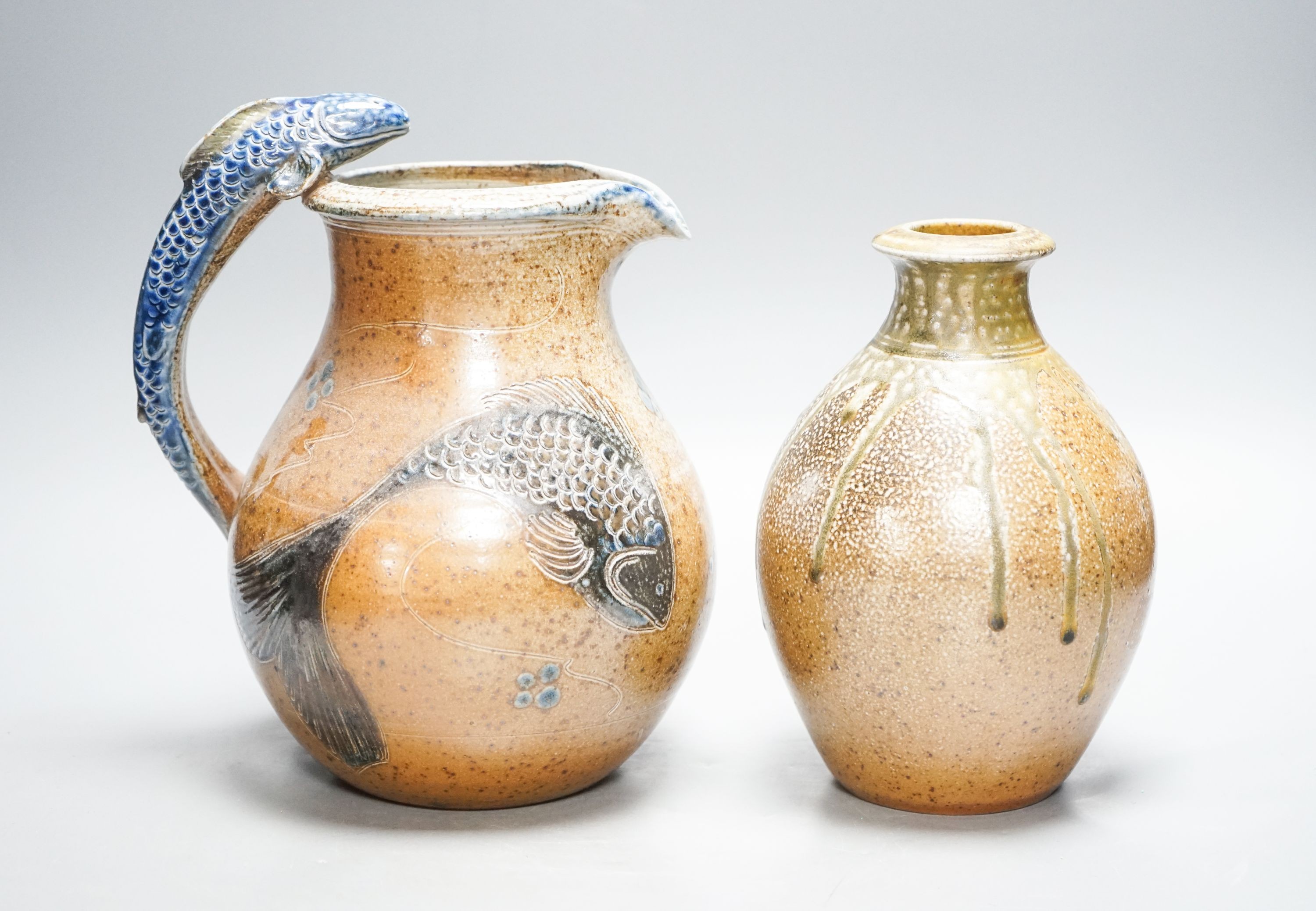 Toff Milway (b.1949) for Conderton Pottery, an ovoid stoneware vase and a fish handled jug 25cm